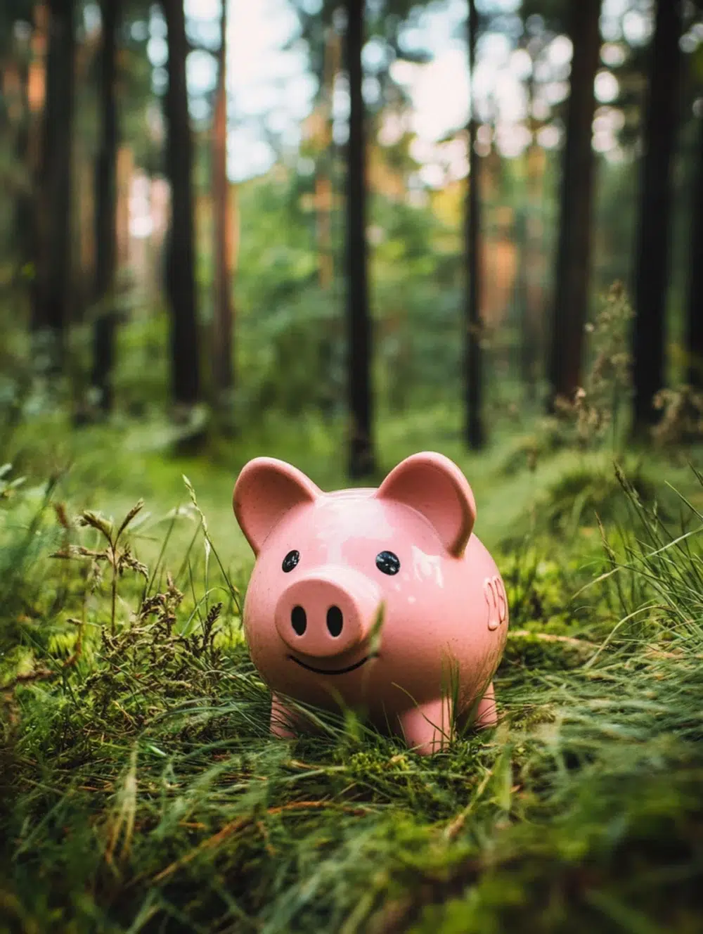 tirelire cochon rose dansla forêt