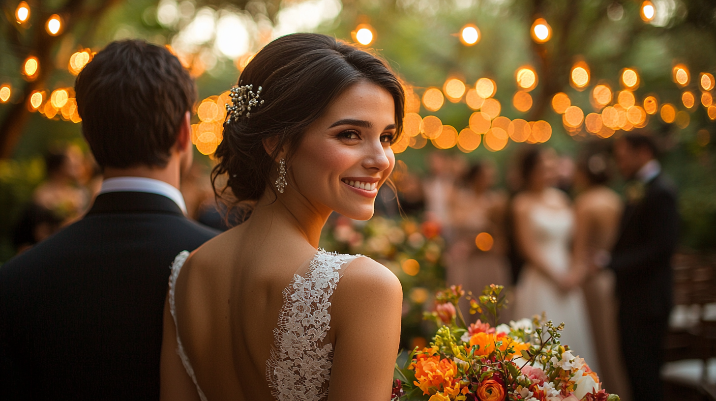 Un couple lors de leur réception de mariage. la mariée sourit grâce au Mas de Nadal